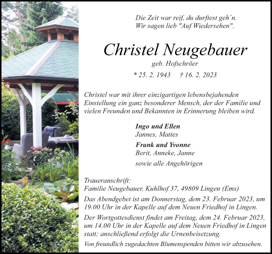 Traueranzeige von Christel Neugebauer von Neue Osnabrücker Zeitung GmbH & Co. KG
