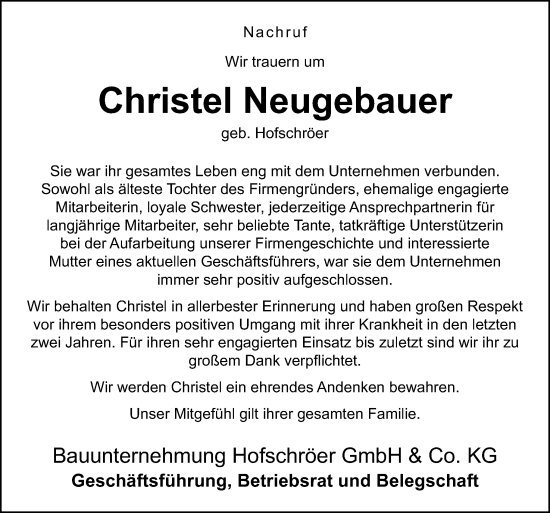 Traueranzeige von Christel Neugebauer von Neue Osnabrücker Zeitung GmbH & Co. KG