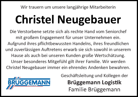 Traueranzeige von Christel Neugebauer von Neue Osnabrücker Zeitung GmbH & Co. KG
