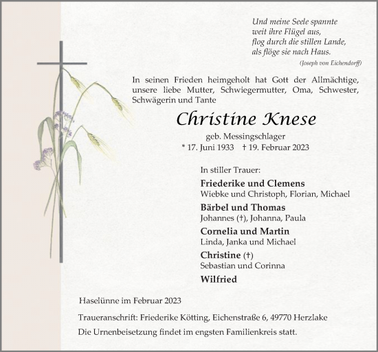 Traueranzeige von Christine Knese von Neue Osnabrücker Zeitung GmbH & Co. KG