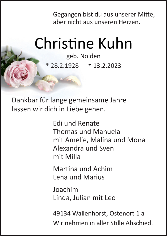  Traueranzeige für Christine Kuhn vom 18.02.2023 aus Neue Osnabrücker Zeitung GmbH & Co. KG