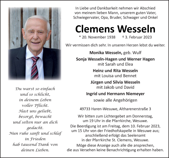 Traueranzeige von Clemens Wesseln von Neue Osnabrücker Zeitung GmbH & Co. KG