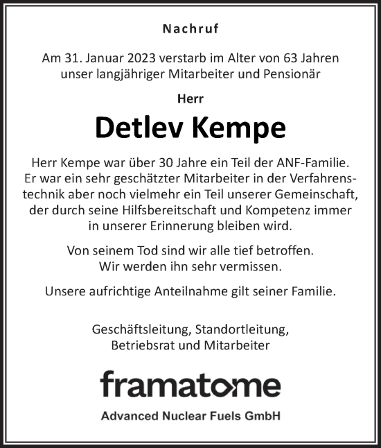 Traueranzeige von Detlev Kempe von Neue Osnabrücker Zeitung GmbH & Co. KG