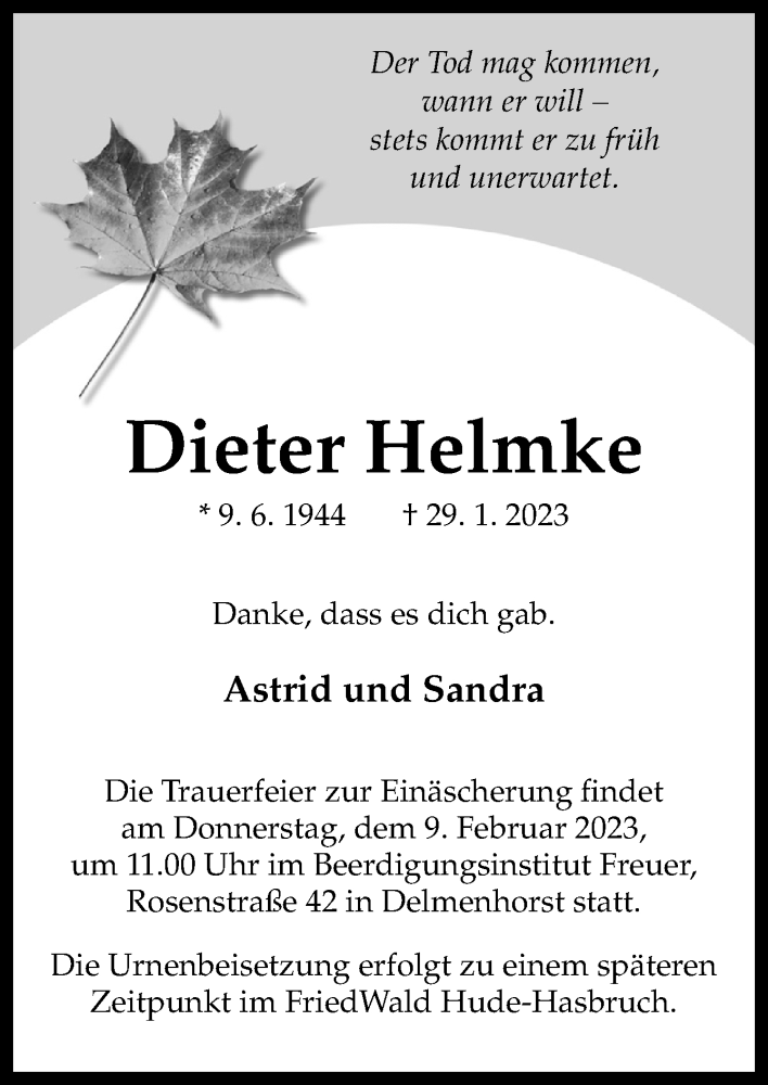  Traueranzeige für Dieter Helmke vom 04.02.2023 aus DK Medien GmbH & Co. KG