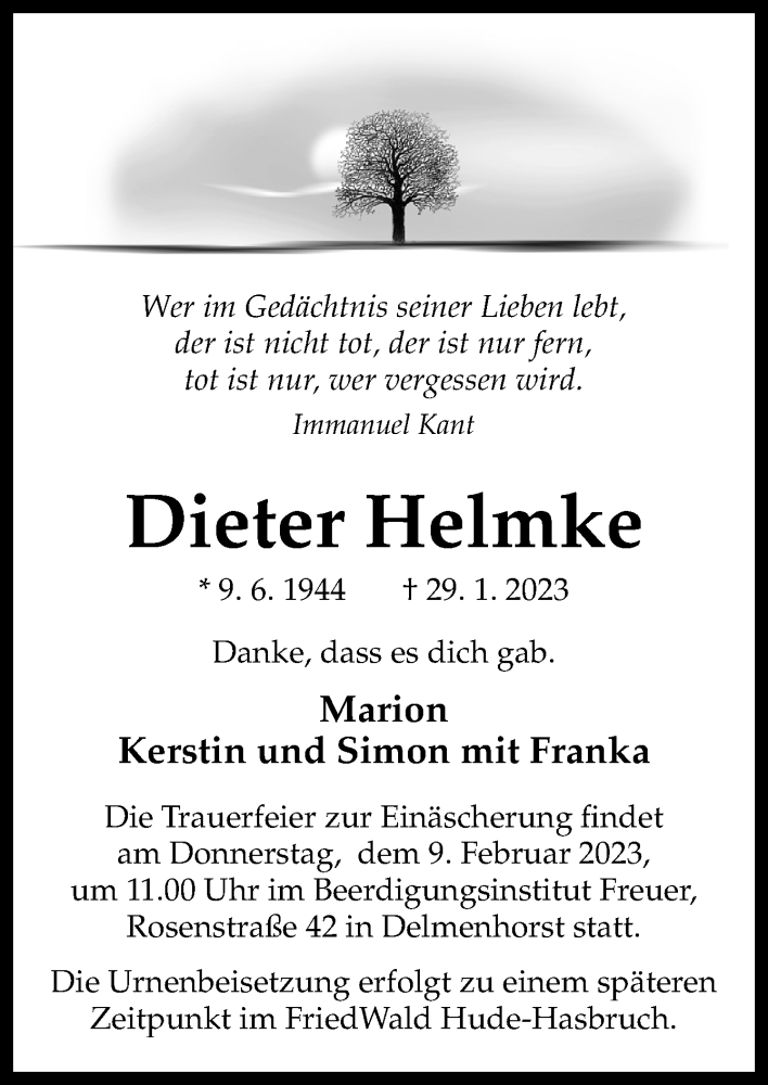  Traueranzeige für Dieter Helmke vom 04.02.2023 aus DK Medien GmbH & Co. KG