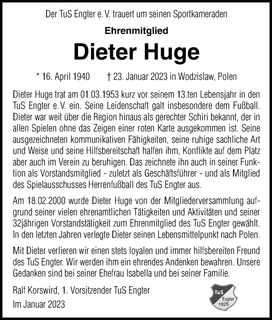 Traueranzeige von Dieter Huge von Neue Osnabrücker Zeitung GmbH & Co. KG
