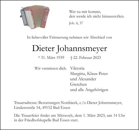 Traueranzeige von Dieter Johannsmeyer von Neue Osnabrücker Zeitung GmbH & Co. KG