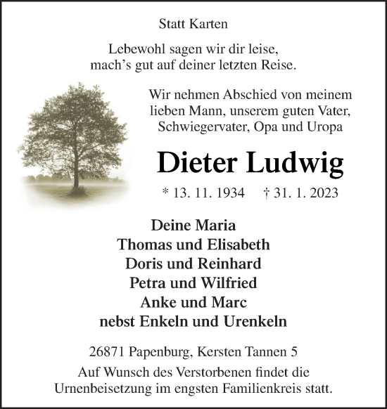 Traueranzeige von Dieter Ludwig von Neue Osnabrücker Zeitung GmbH & Co. KG