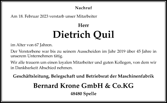 Traueranzeige von Dietrich Quil von Neue Osnabrücker Zeitung GmbH & Co. KG