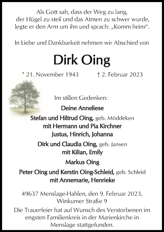 Traueranzeige von Dirk Oing von Neue Osnabrücker Zeitung GmbH & Co. KG