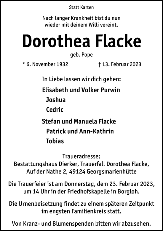 Traueranzeige von Dorothea Flacke von Neue Osnabrücker Zeitung GmbH & Co. KG