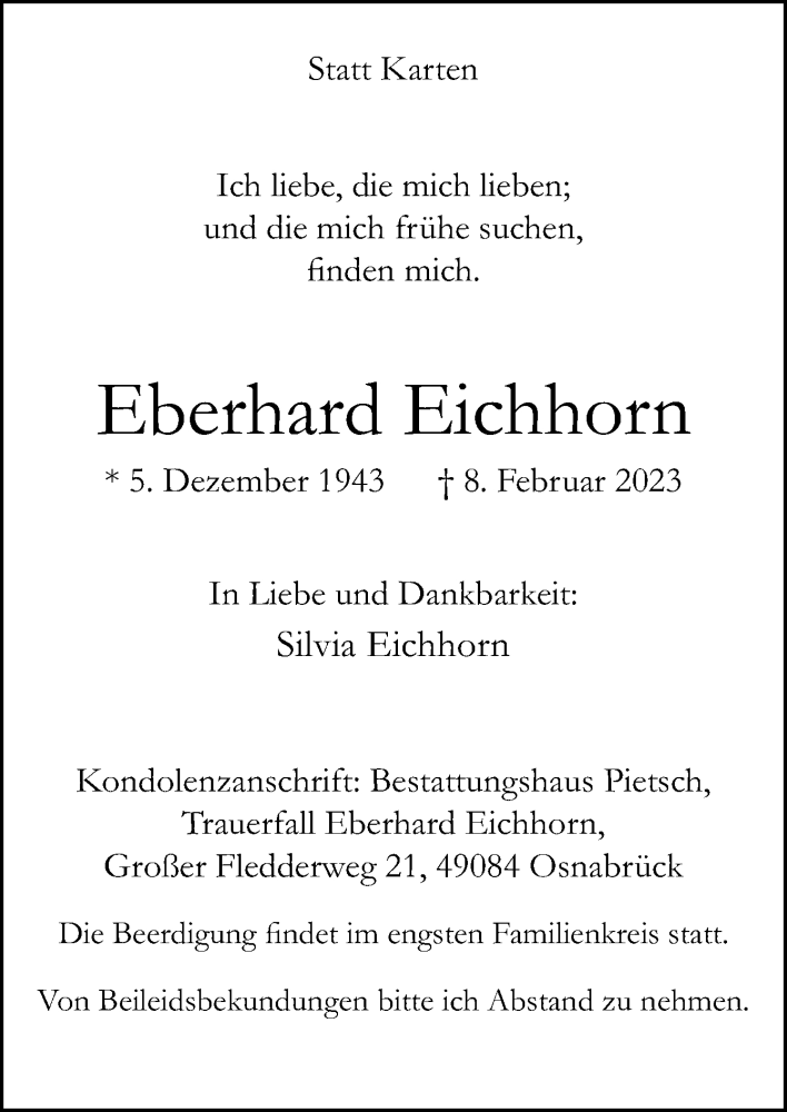  Traueranzeige für Eberhard Eichhorn vom 18.02.2023 aus Neue Osnabrücker Zeitung GmbH & Co. KG