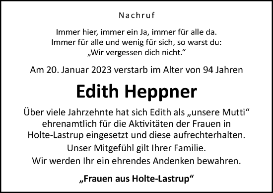 Traueranzeige von Edith Heppner von Neue Osnabrücker Zeitung GmbH & Co. KG