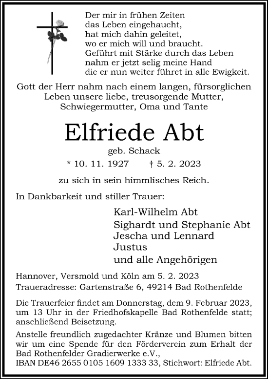 Traueranzeige von Elfriede Abt von Neue Osnabrücker Zeitung GmbH & Co. KG