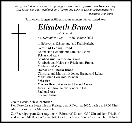 Traueranzeige von Elisabeth Brand von Neue Osnabrücker Zeitung GmbH & Co. KG