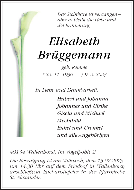 Traueranzeige von Elisabeth Brüggemann von Neue Osnabrücker Zeitung GmbH & Co. KG