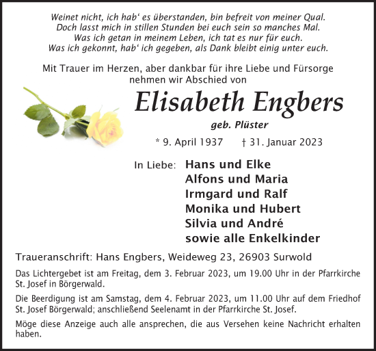 Traueranzeige von Elisabeth Engbers von Neue Osnabrücker Zeitung GmbH & Co. KG