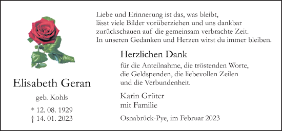 Traueranzeige von Elisabeth Geran von Neue Osnabrücker Zeitung GmbH & Co. KG
