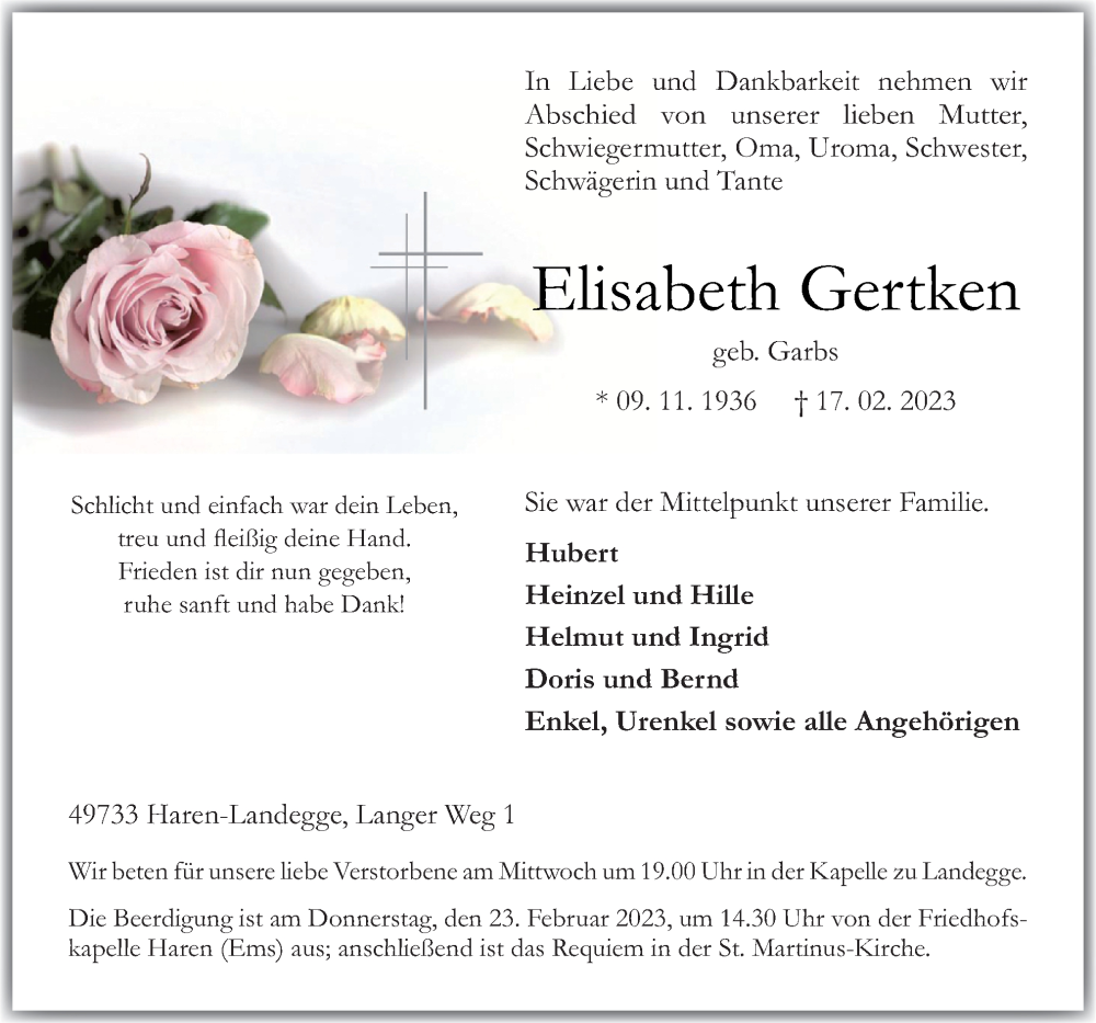  Traueranzeige für Elisabeth Gertken vom 20.02.2023 aus Neue Osnabrücker Zeitung GmbH & Co. KG