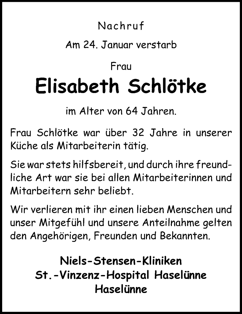  Traueranzeige für Elisabeth Schlötke vom 01.02.2023 aus Neue Osnabrücker Zeitung GmbH & Co. KG
