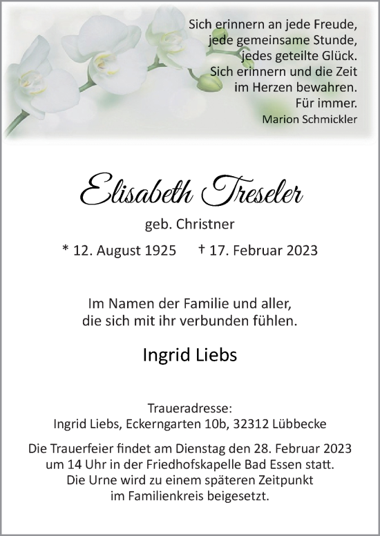 Traueranzeige von Elisabeth Treseler von Neue Osnabrücker Zeitung GmbH & Co. KG