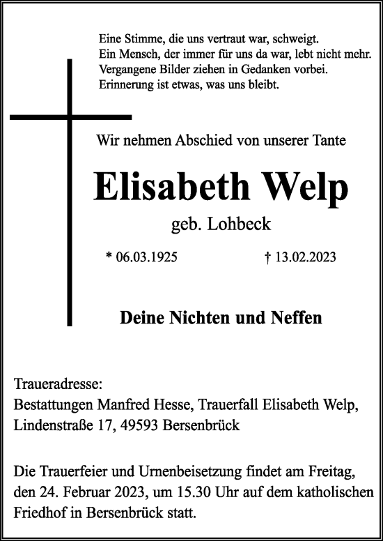 Traueranzeige von Elisabeth Welp von Neue Osnabrücker Zeitung GmbH & Co. KG