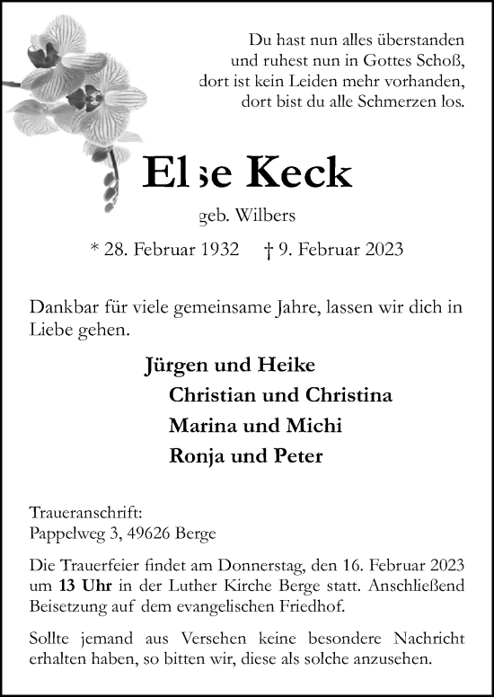 Traueranzeige von Else Keck von Neue Osnabrücker Zeitung GmbH & Co. KG