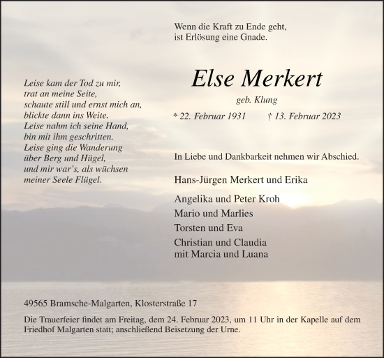 Traueranzeige von Else Merkert von Neue Osnabrücker Zeitung GmbH & Co. KG