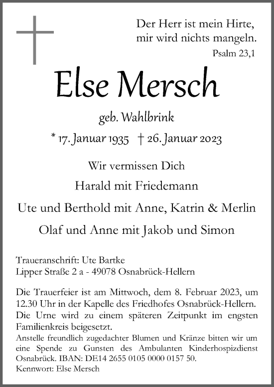 Traueranzeige von Else Mersch von Neue Osnabrücker Zeitung GmbH & Co. KG