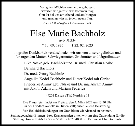 Traueranzeige von Else Marie Bachholz von Neue Osnabrücker Zeitung GmbH & Co. KG