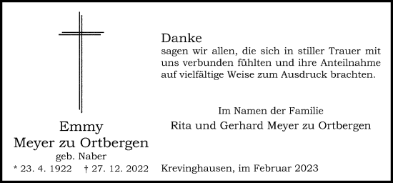 Traueranzeige von Emmy Meyer zu Ortbergen von Neue Osnabrücker Zeitung GmbH & Co. KG