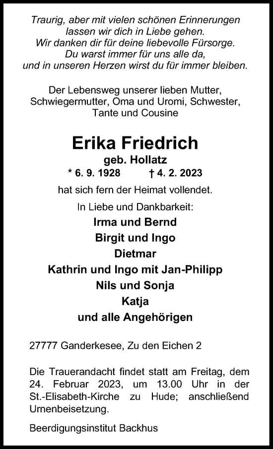 Traueranzeige von Erika Friedrich von DK Medien GmbH & Co. KG