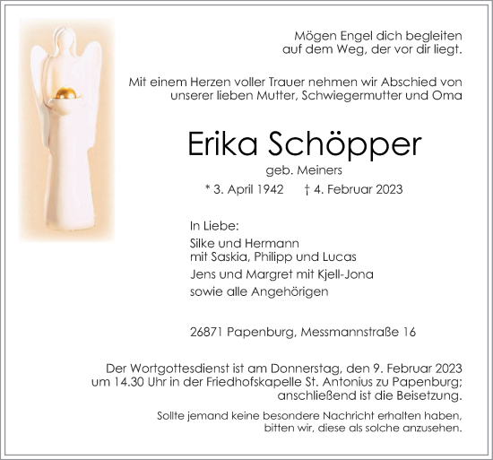 Traueranzeige von Erika Schöpper von Neue Osnabrücker Zeitung GmbH & Co. KG