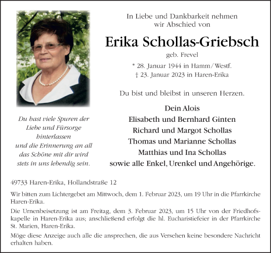 Traueranzeige von Erika Schollas-Griebsch von Neue Osnabrücker Zeitung GmbH & Co. KG