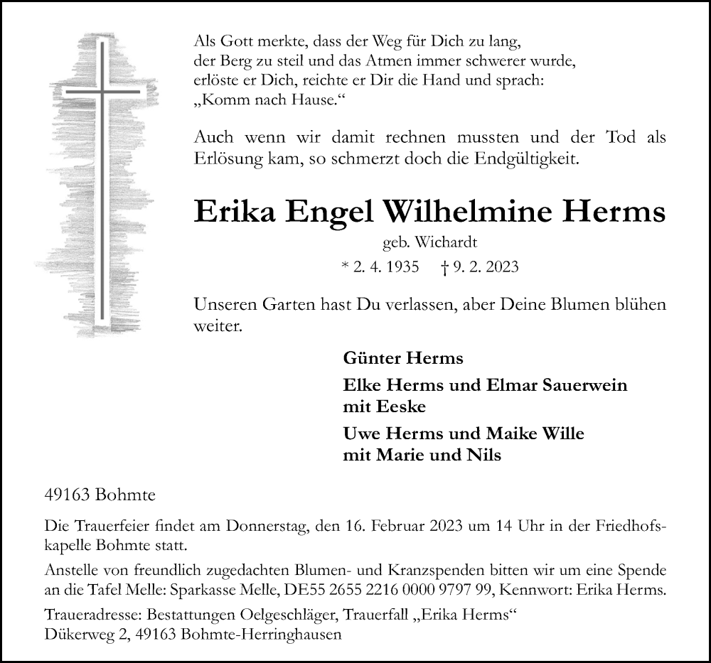  Traueranzeige für Erika Engel Wilhelmine  Herms vom 14.02.2023 aus Neue Osnabrücker Zeitung GmbH & Co. KG