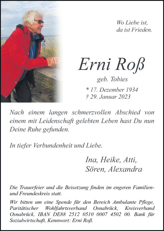 Traueranzeige von Erni Roß von Neue Osnabrücker Zeitung GmbH & Co. KG
