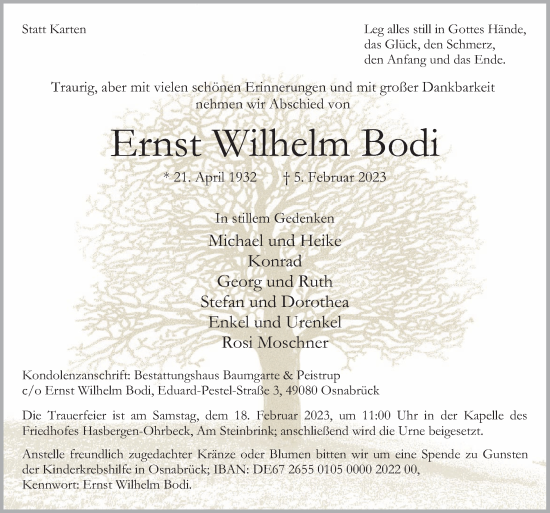Traueranzeige von Ernst Wilhelm Bodi von Neue Osnabrücker Zeitung GmbH & Co. KG