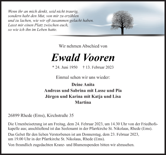 Traueranzeige von Ewald Vooren von Neue Osnabrücker Zeitung GmbH & Co. KG