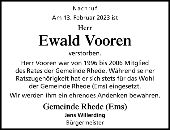 Traueranzeige von Ewald Vooren von Neue Osnabrücker Zeitung GmbH & Co. KG