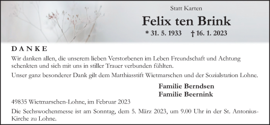 Traueranzeige von Felix ten Brink von Neue Osnabrücker Zeitung GmbH & Co. KG