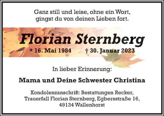 Traueranzeigen Von Florian Sternberg | Noz Trauerportal