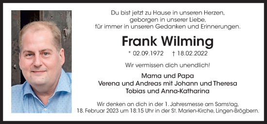 Traueranzeige von Frank Wilming von Neue Osnabrücker Zeitung GmbH & Co. KG