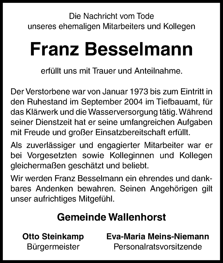  Traueranzeige für Franz Besselmann vom 18.02.2023 aus Neue Osnabrücker Zeitung GmbH & Co. KG