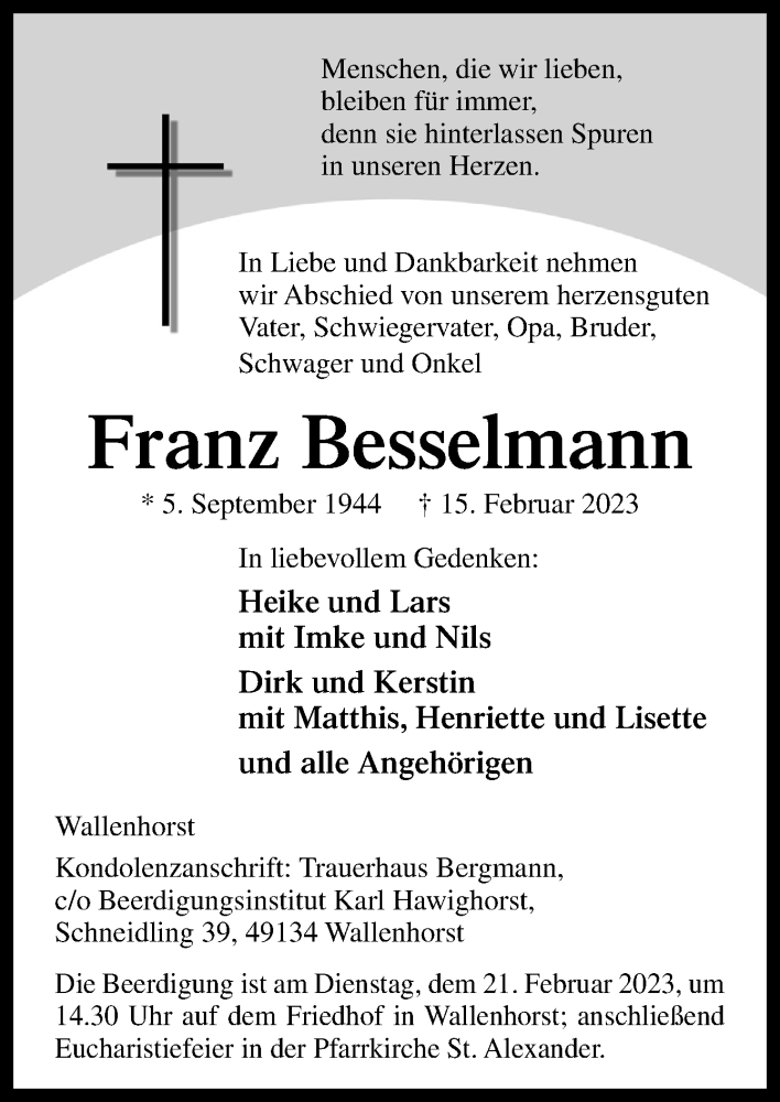  Traueranzeige für Franz Besselmann vom 18.02.2023 aus Neue Osnabrücker Zeitung GmbH & Co. KG