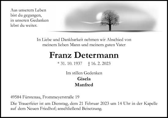 Traueranzeige von Franz Determann von Neue Osnabrücker Zeitung GmbH & Co. KG