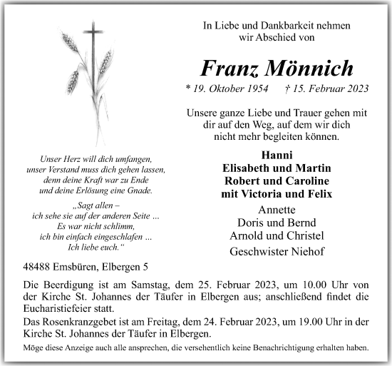 Traueranzeige von Franz Mönnich von Neue Osnabrücker Zeitung GmbH & Co. KG