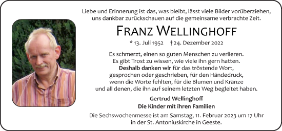 Traueranzeige von Franz Wellinghoff von Neue Osnabrücker Zeitung GmbH & Co. KG