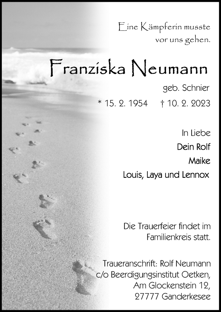 Traueranzeige für Franziska Neumann vom 15.02.2023 aus DK Medien GmbH & Co. KG