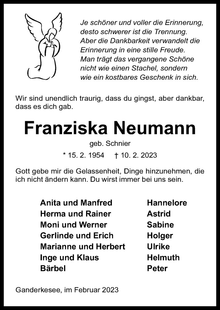  Traueranzeige für Franziska Neumann vom 18.02.2023 aus DK Medien GmbH & Co. KG