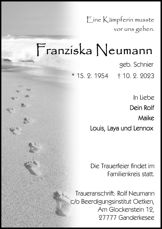 Traueranzeige von Franziska Neumann von DK Medien GmbH & Co. KG